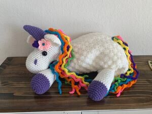 Handmade Crochet Rainbow Unicorn Plush Toy Pillow Blanket